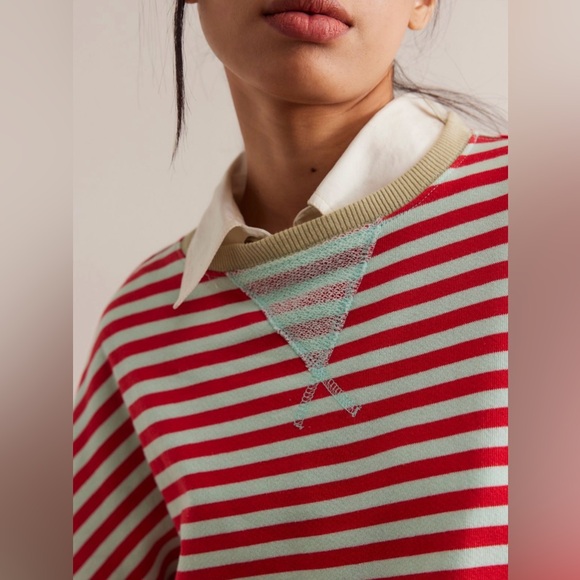 Closeout!▪️Free People Oversized Striped Pullover Sweatshirt in Cherry Combo - Picture 3 of 9